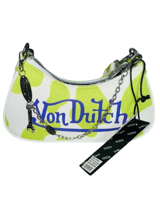 Von Dutch Vegan Pony Hair Lime Green Cow Shoulder Hand Bag with Purple Logo - Picture 3 of 14